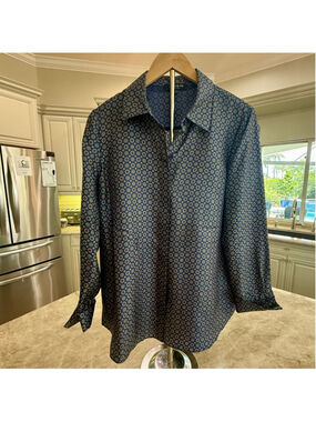 Lafayette 148 silk Button Down Shirt M Blue Brown Dot Print, oversized cuffed